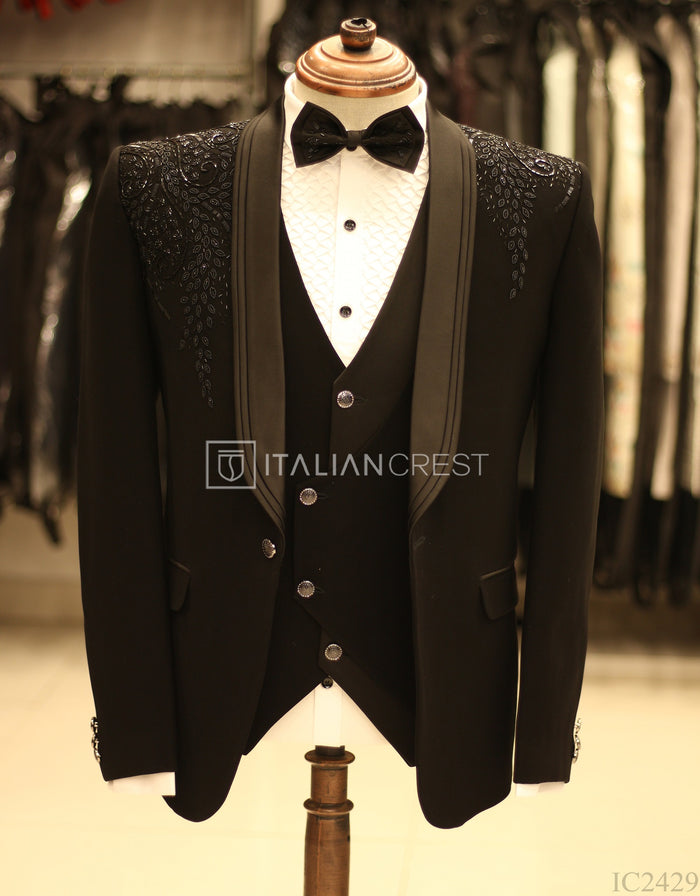 Black Embroidery Work 5pc Wedding Suit