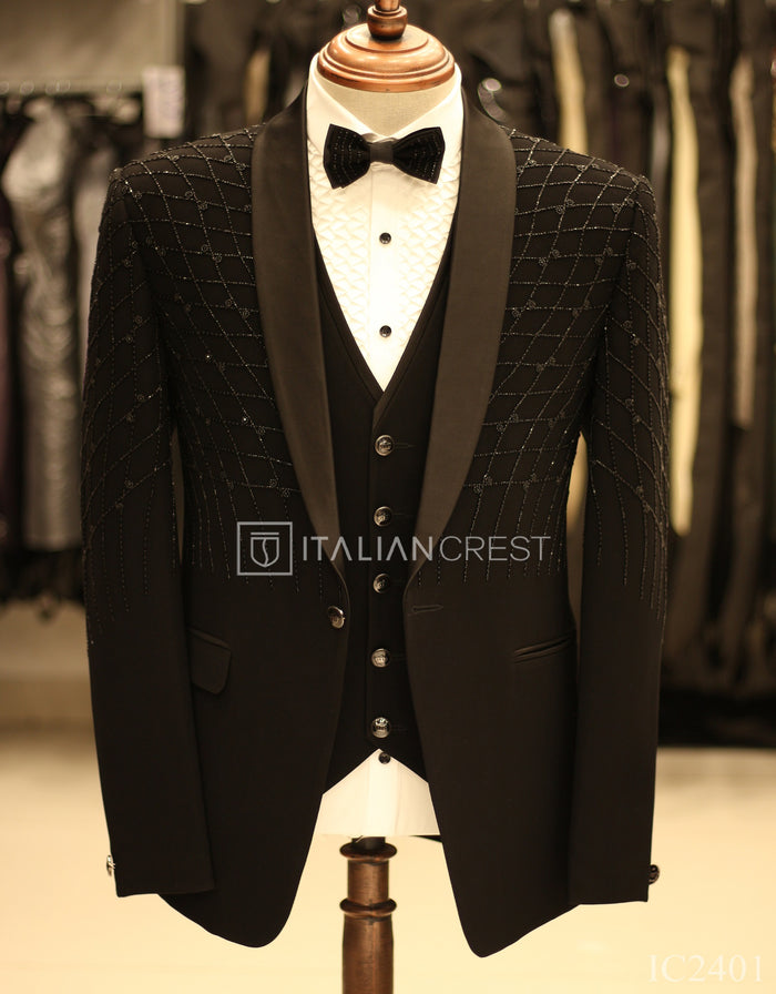Black Embroidery Work 5pc Wedding Suit