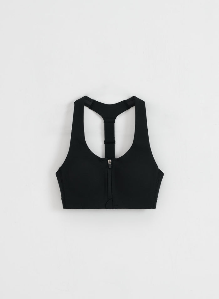 Mustat aim'n Sense High Support Bra -urheiluliivit etuvetoketjulla ja racerback-selällä tasokuvassa.