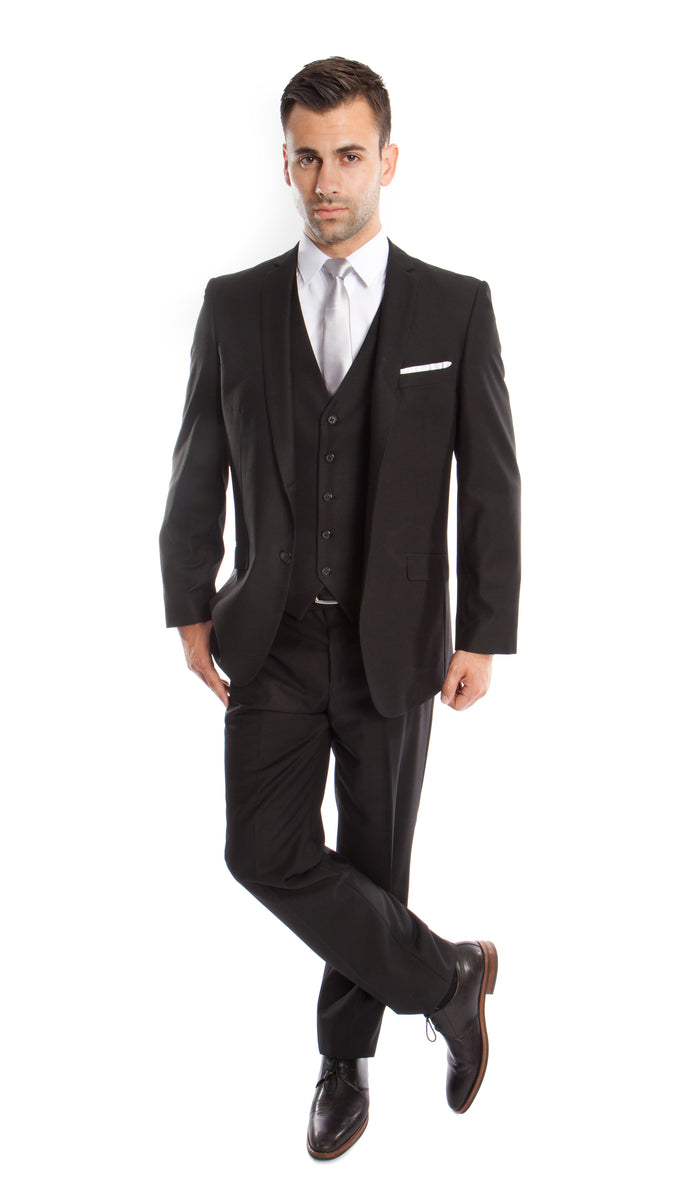 Black Solid 3-PC Slim Fit Stretch Suits For Men - Giorgio's Menswear