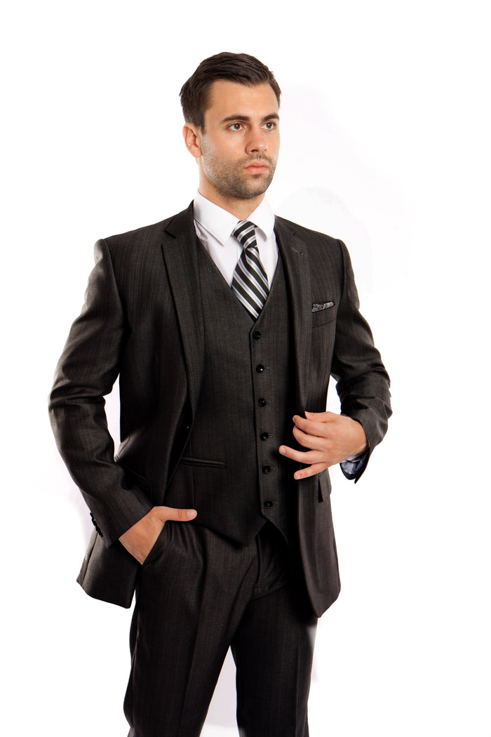 Black Solid Shiny Sharkskin 3-PC Regular Modern Fit Suits For Men - Giorgio's Menswear