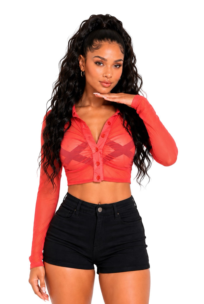 Blair - Long Sleeve Button Down Collar Mesh Crop Top