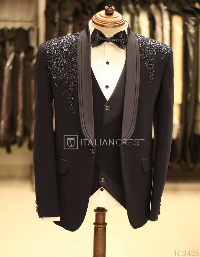 Blue Embroidery Work 5pc Wedding Suit