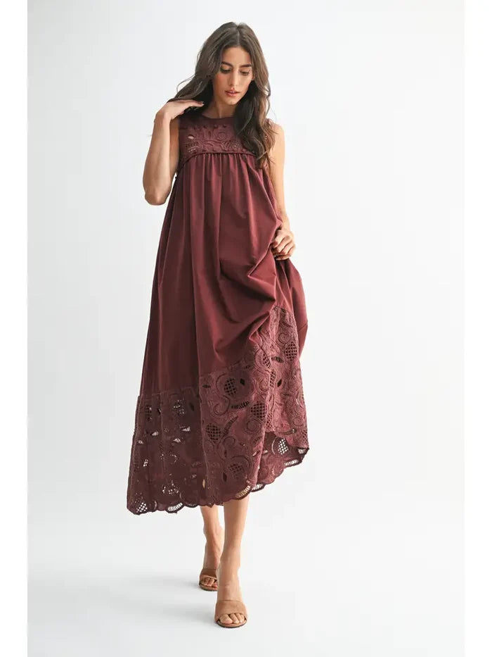 Boho Maxi Dress with Lace Details - Brown