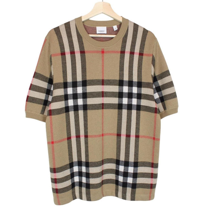 Burberry Wells Tan Brown Nova Check Silk/Wool Knit Short Sleeve T-Shirt