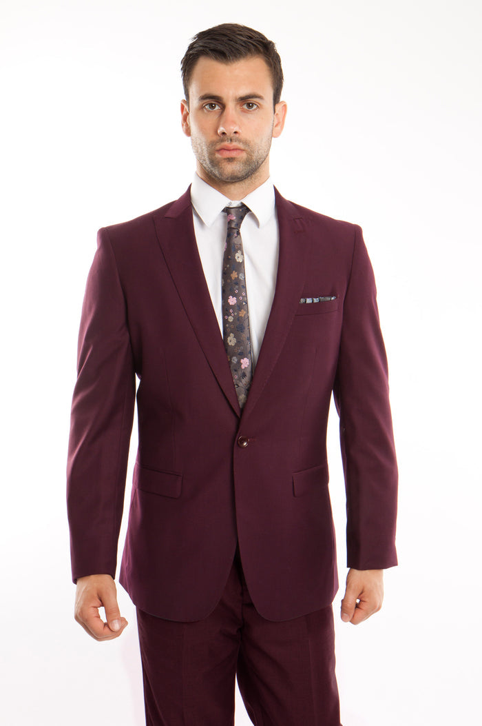 Burgundy Solid 2-PC Slim Fit Performance Stretch Suits For Men - Giorgio's Menswear