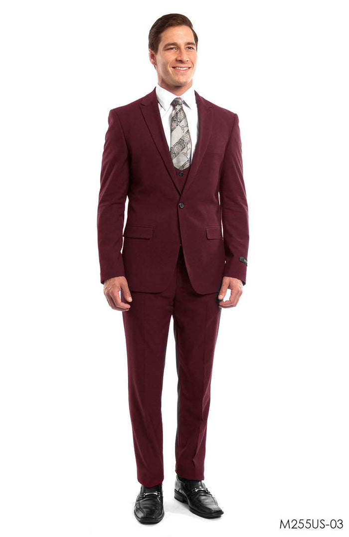 Burgundy Solid 3-PC Ultra Slim Fit Suits For Men - Giorgio's Menswear