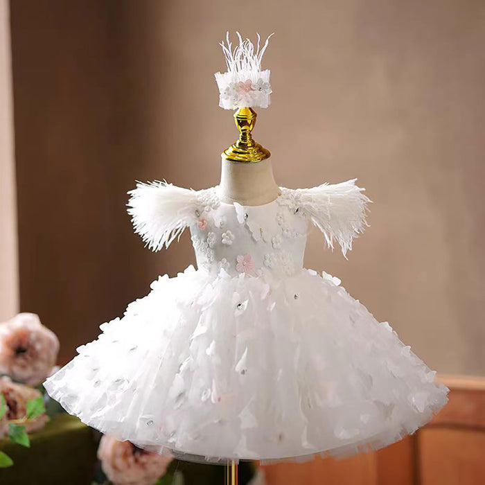 Butterfly Applique Sleeveless Feathers Flower Girl Dress D072