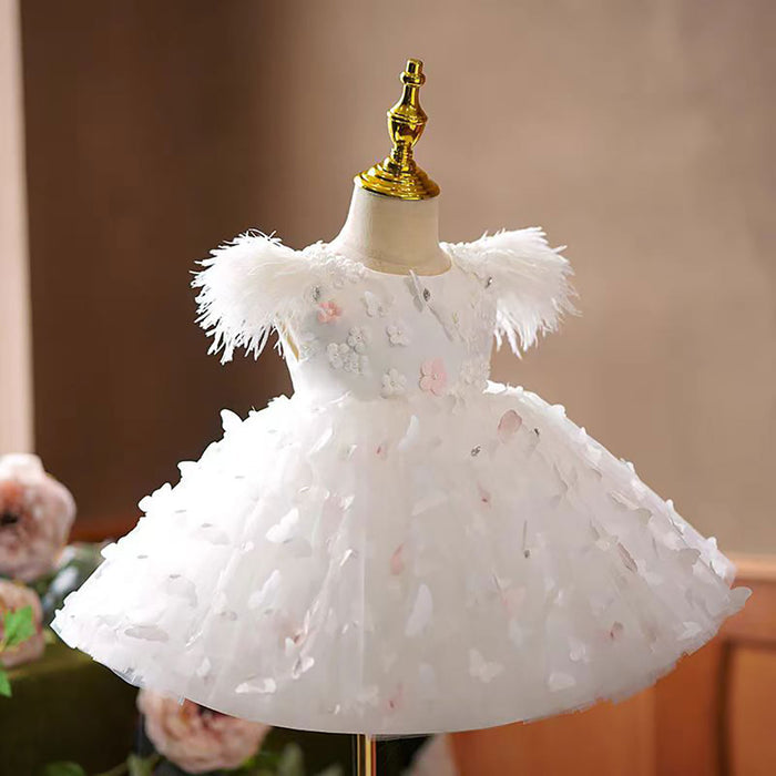 Butterfly Applique Sleeveless Feathers Flower Girl Dress D072