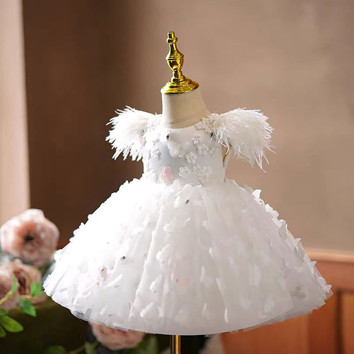 Butterfly Applique Sleeveless Feathers Flower Girl Dress D072