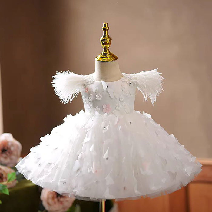 Butterfly Applique Sleeveless Feathers Flower Girl Dress D072