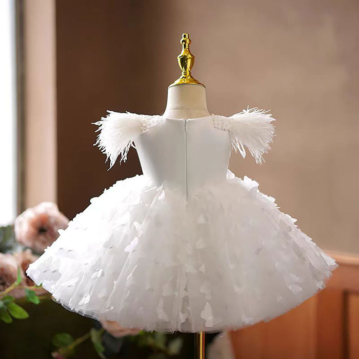 Butterfly Applique Sleeveless Feathers Flower Girl Dress D072