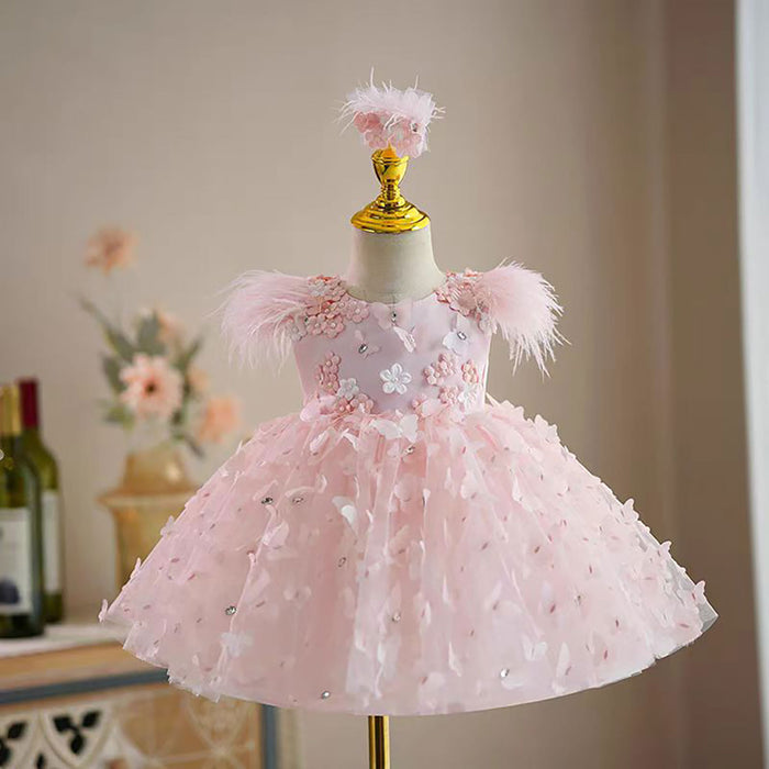 Butterfly Applique Sleeveless Feathers Flower Girl Dress D072