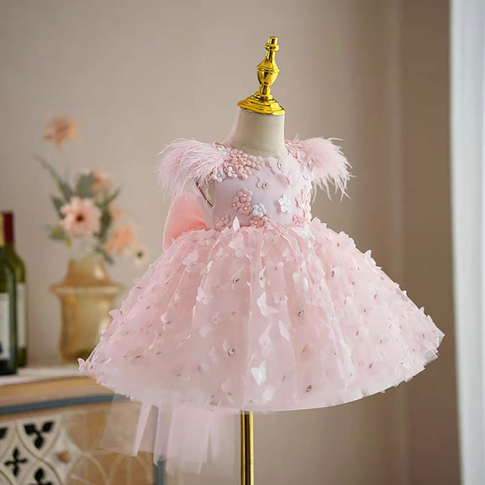 Butterfly Applique Sleeveless Feathers Flower Girl Dress D072