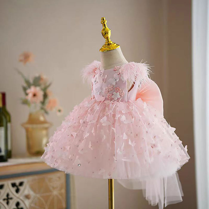 Butterfly Applique Sleeveless Feathers Flower Girl Dress D072