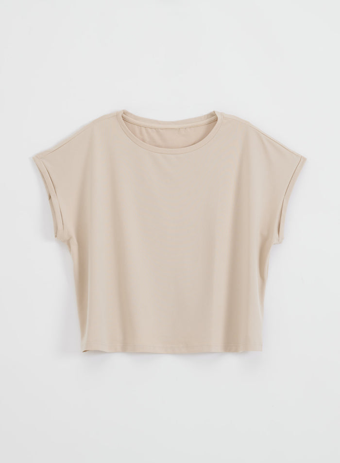 Café Au Lait Soft Basic Roll Sleeve Top