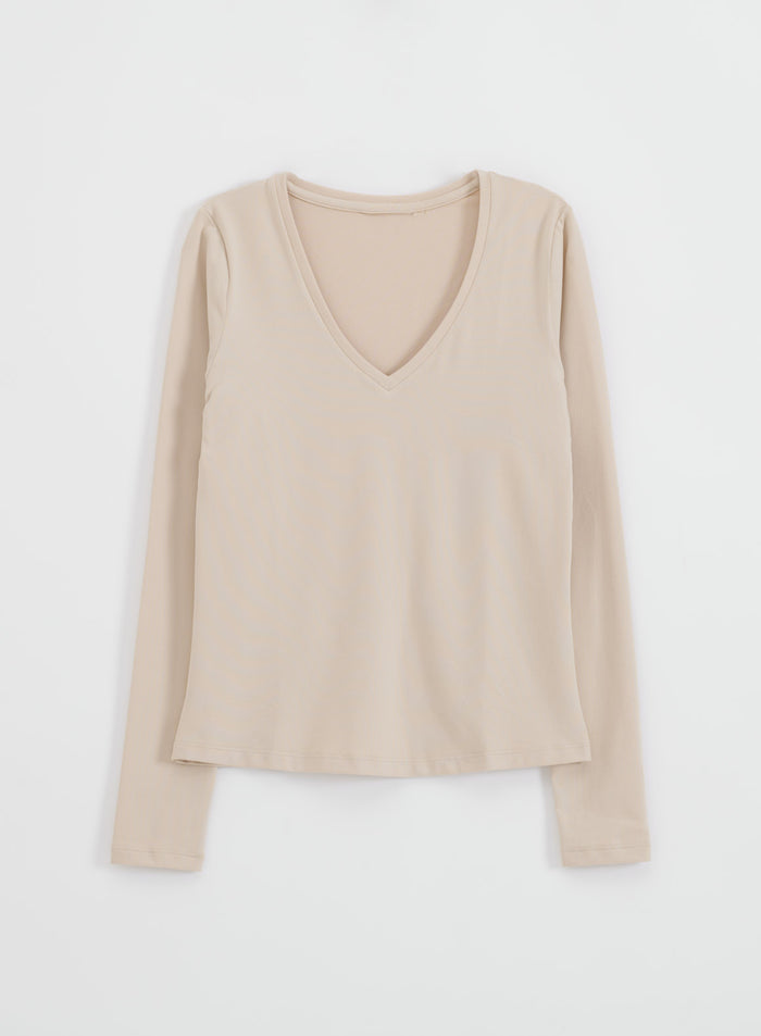 Café Au Lait Soft Basic V-neck Long Sleeve