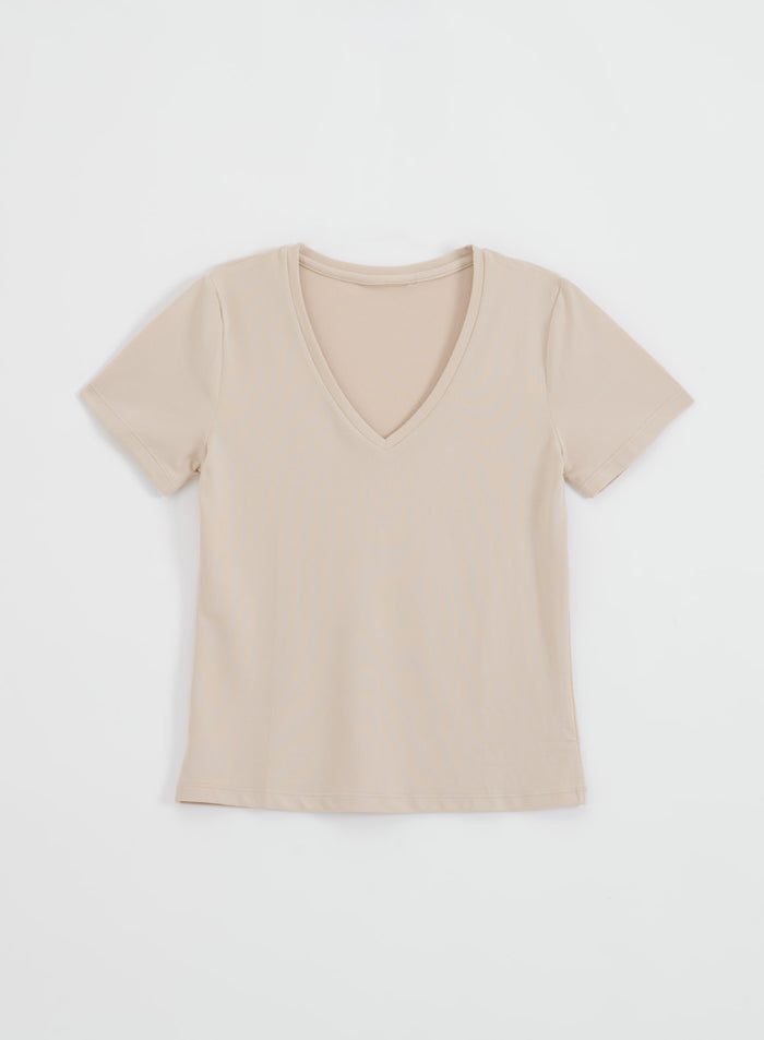 Café Au Lait Soft Basic V-neck Short Sleeve