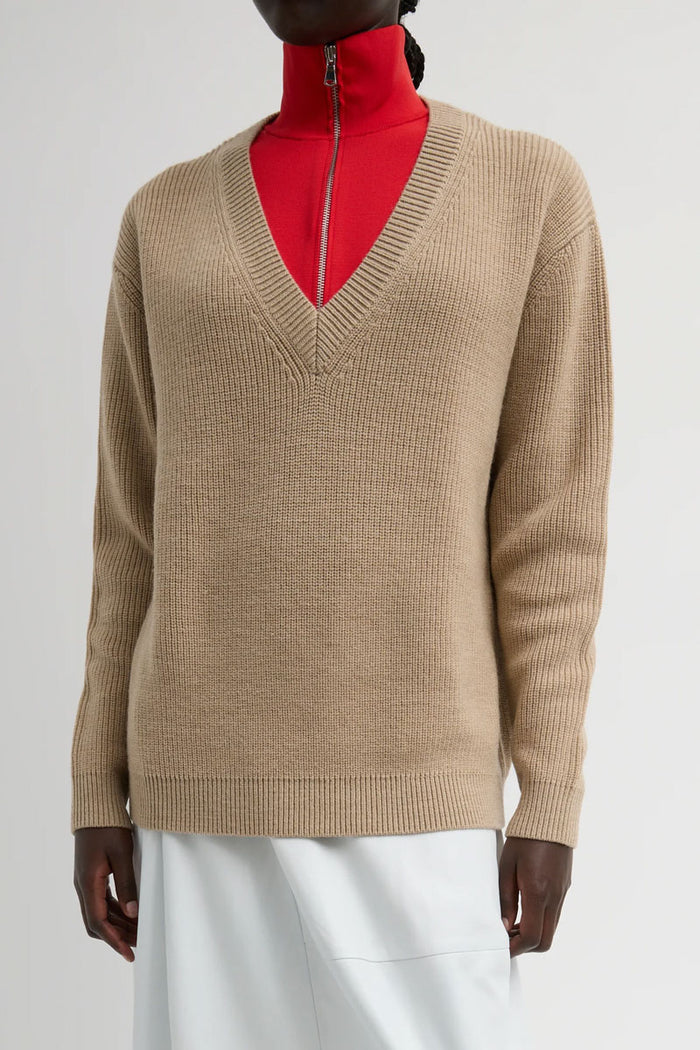 Cardigan Stitch V Neck Sweater with Removable Dickie - Latte