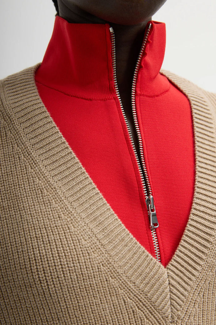 Cardigan Stitch V Neck Sweater with Removable Dickie - Latte
