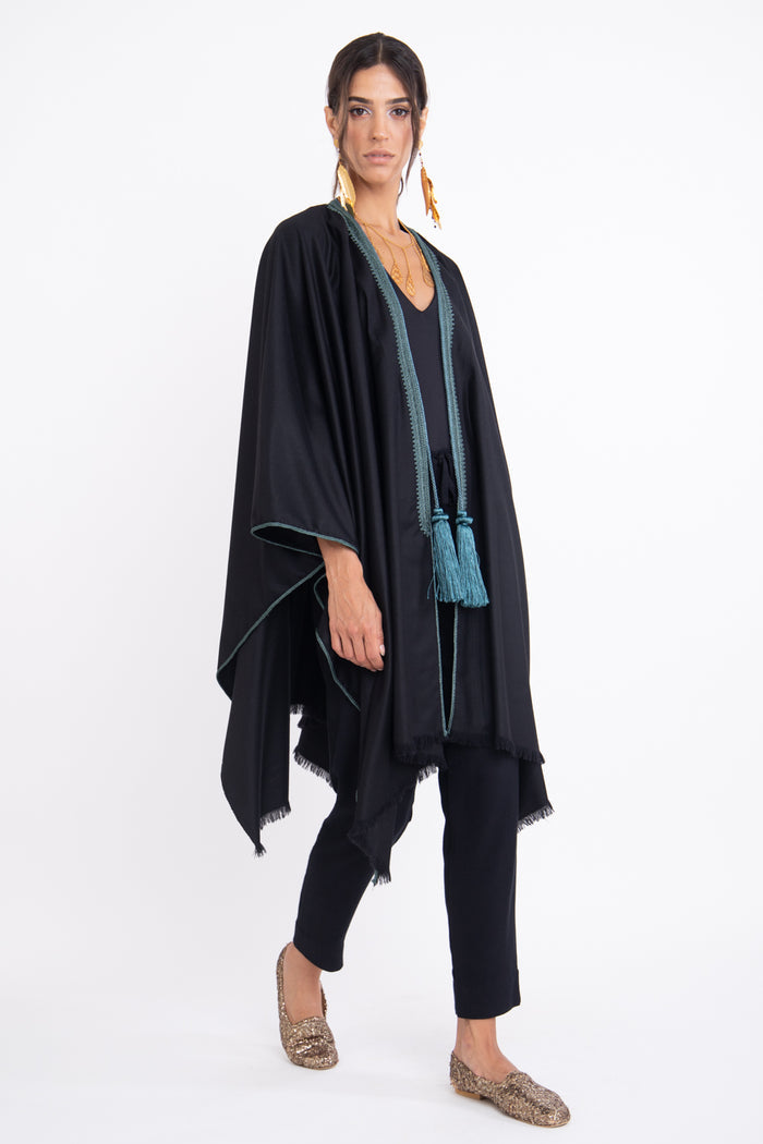 Cashmere Black & Teal Poncho