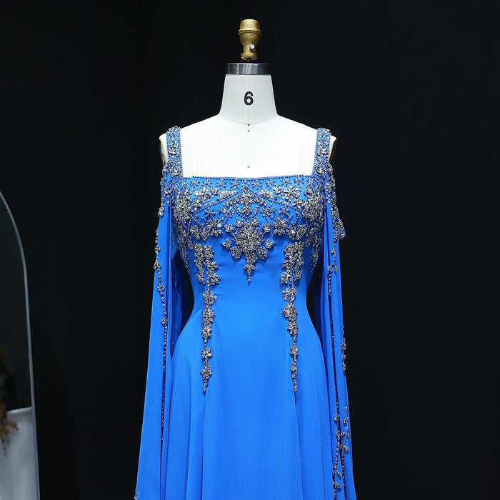 Chic Blue Luxury Crystal Arabic Gown with Flowing Cape Sleeve SS305