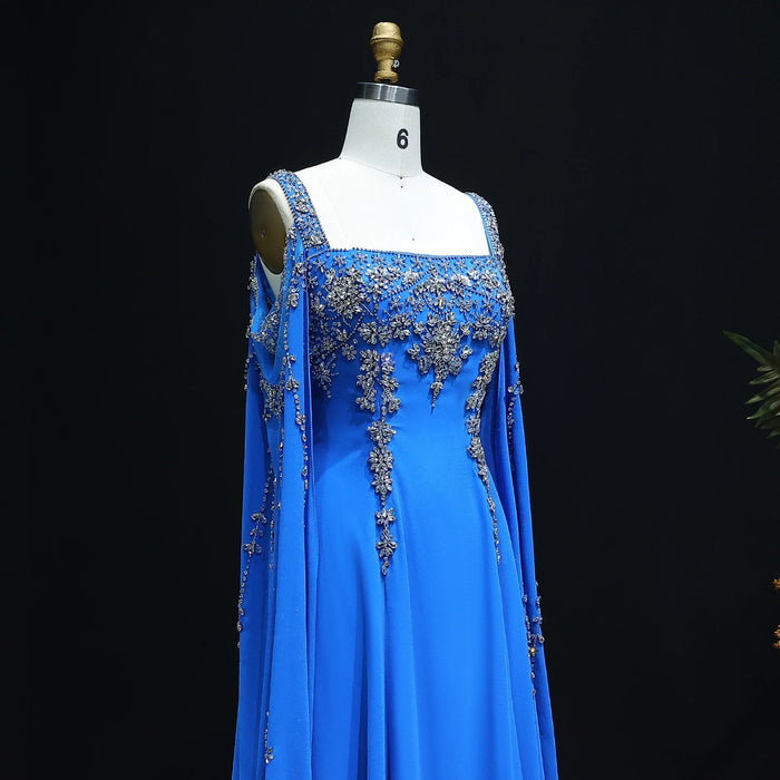 Chic Blue Luxury Crystal Arabic Gown with Flowing Cape Sleeve SS305