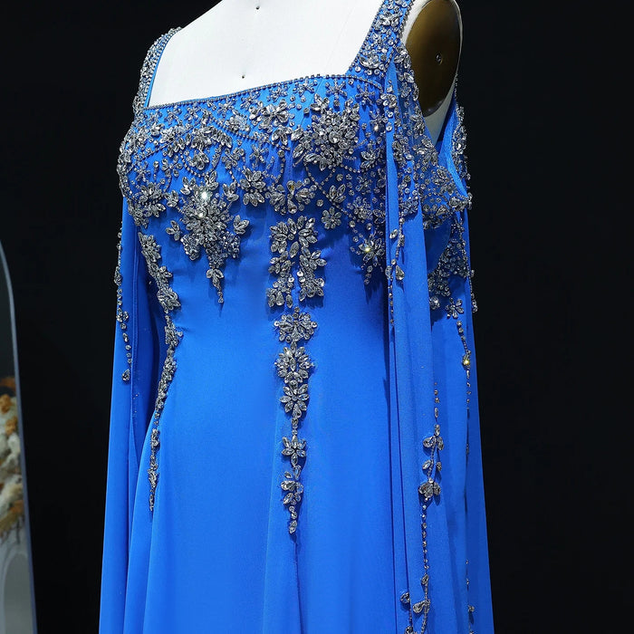 Chic Blue Luxury Crystal Arabic Gown with Flowing Cape Sleeve SS305