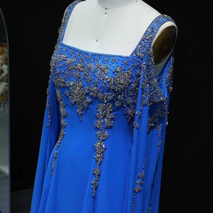 Chic Blue Luxury Crystal Arabic Gown with Flowing Cape Sleeve SS305