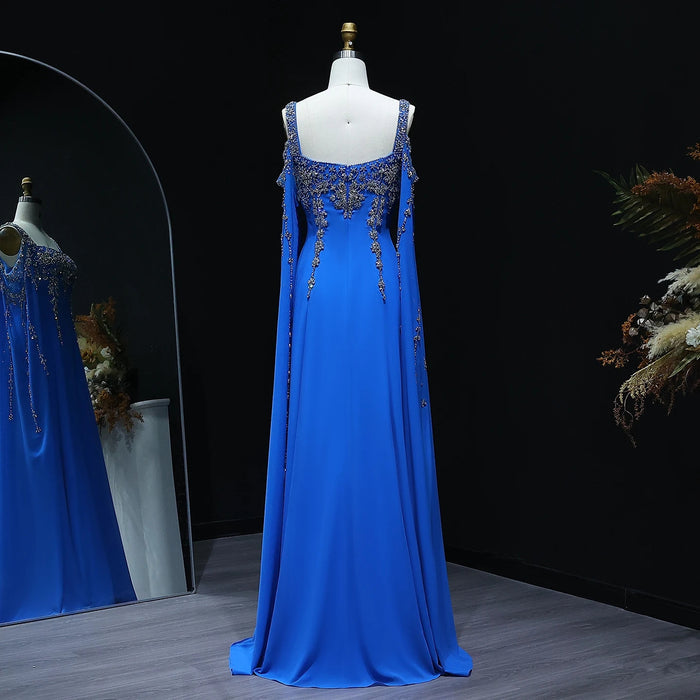 Chic Blue Luxury Crystal Arabic Gown with Flowing Cape Sleeve SS305