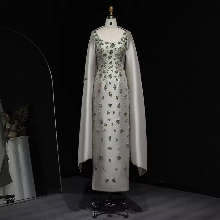 Chic Sage Green 3D Floral Beaded Evening Dress with Cape SS536