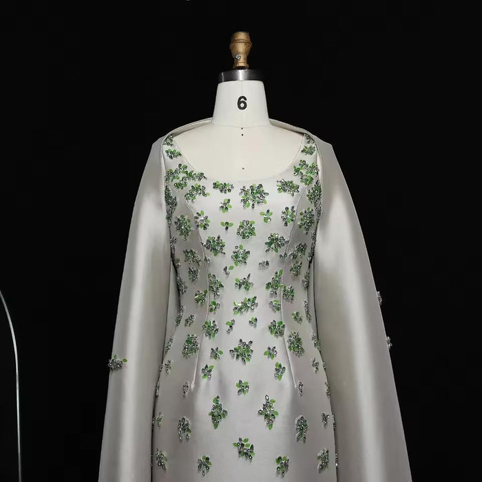 Chic Sage Green 3D Floral Beaded Evening Dress with Cape SS536