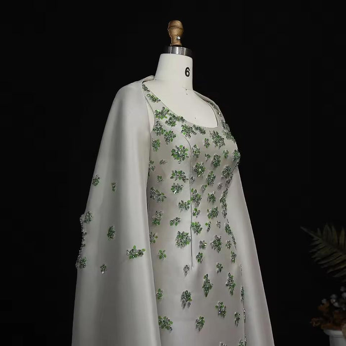 Chic Sage Green 3D Floral Beaded Evening Dress with Cape SS536