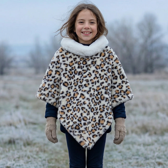 Childrens Faux Fur Poncho - White Animal Print