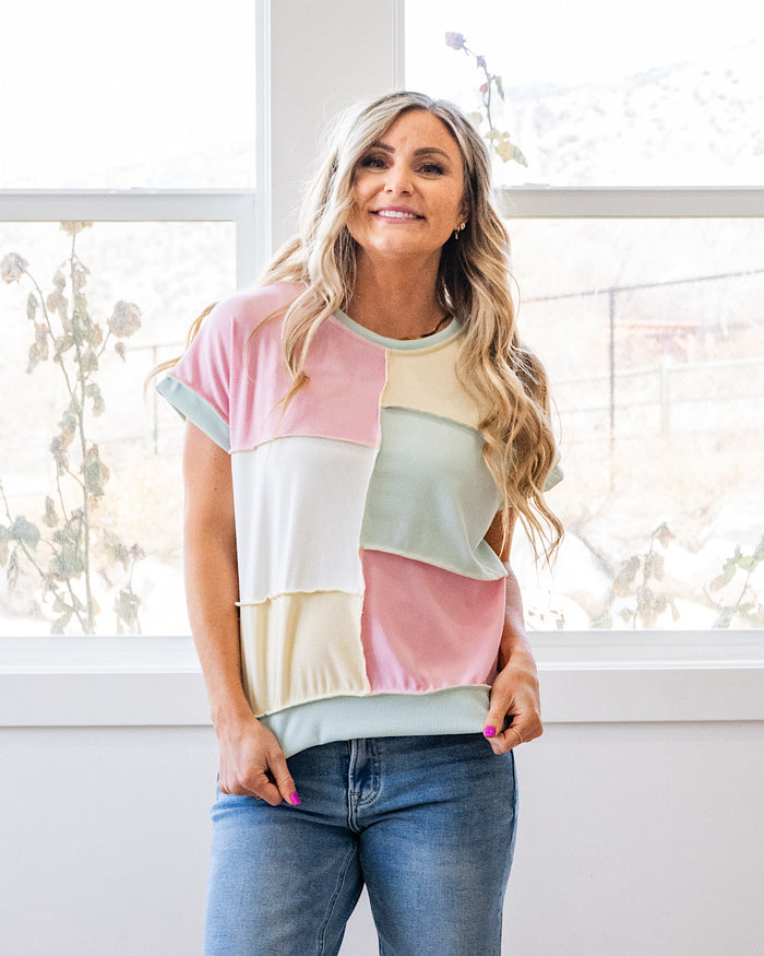 Clarity Micro Ribbed Color Block Top - Pink, Mint and Butter Lovely Melody