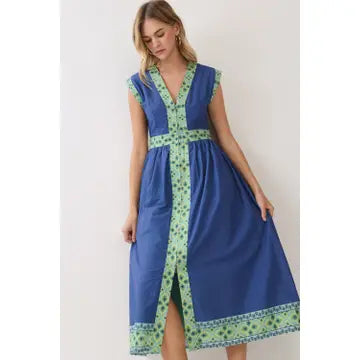 Contrast Border Print Zip-Front Midi Dress
