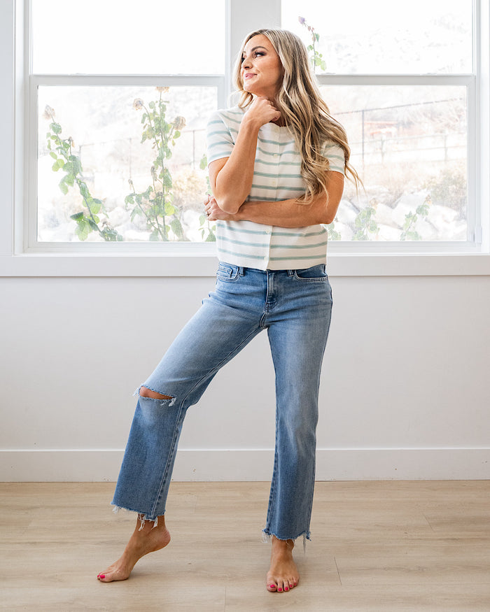Courtney Striped Short Sleeve Cardigan - Seafoam FINAL SALE Be Cool