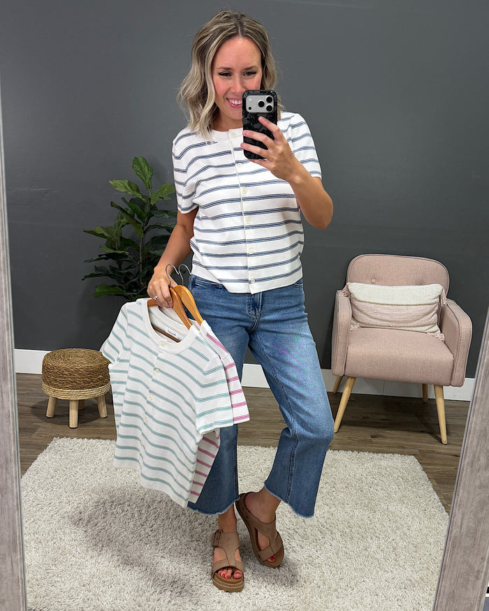 Courtney Striped Short Sleeve Cardigan - Pink Be Cool