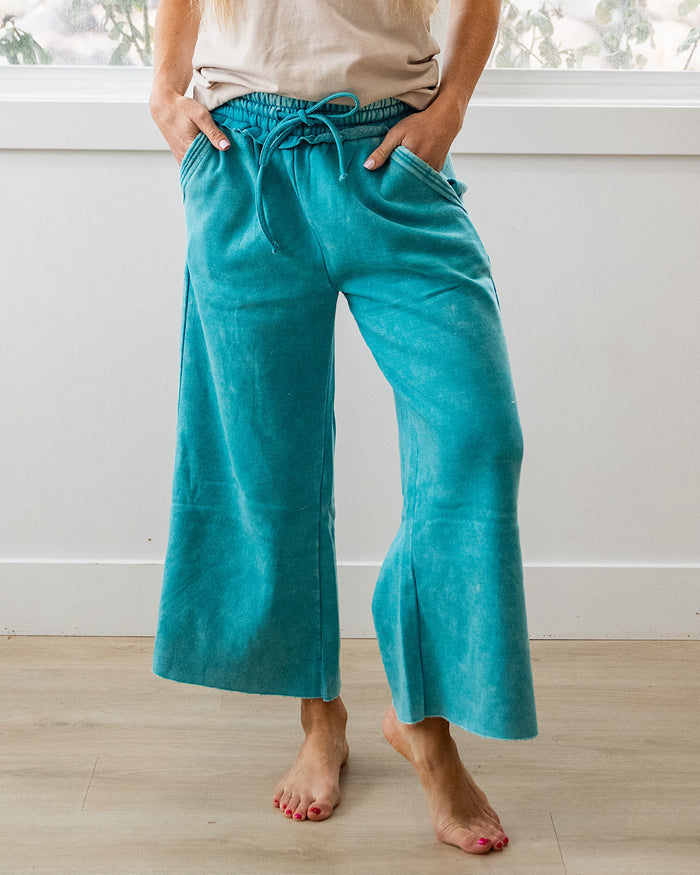 Cropped Wide Leg Comfy Pants - Light Teal Zenana