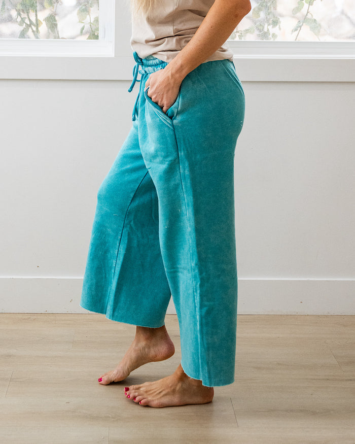 Cropped Wide Leg Comfy Pants - Light Teal Zenana