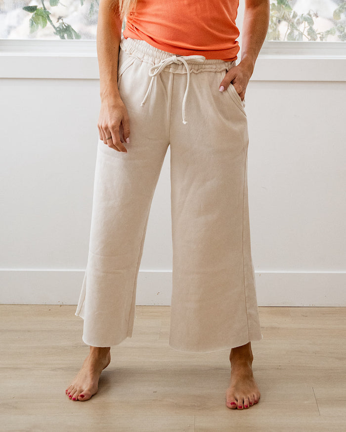 Cropped Wide Leg Comfy Pants - Sand Beige Zenana