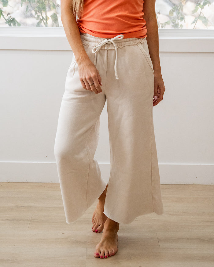 Cropped Wide Leg Comfy Pants - Sand Beige Zenana