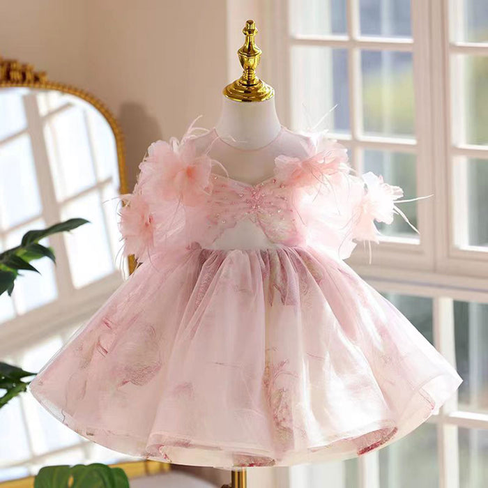 Cute Applique Pearl Tulle Flower Girl Dress Pink J534