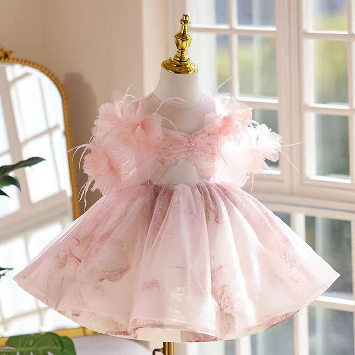 Cute Applique Pearl Tulle Flower Girl Dress Pink J534