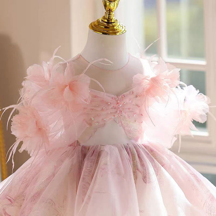 Cute Applique Pearl Tulle Flower Girl Dress Pink J534