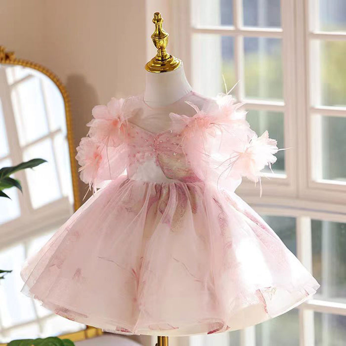 Cute Applique Pearl Tulle Flower Girl Dress Pink J534