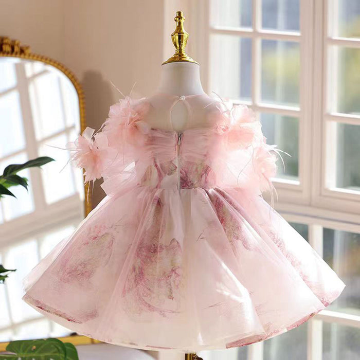 Cute Applique Pearl Tulle Flower Girl Dress Pink J534