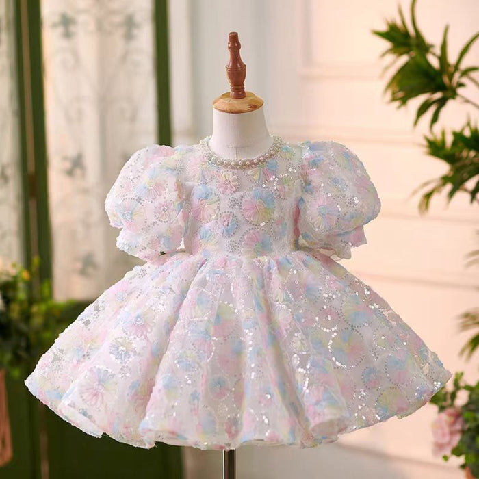 Cute O-Neck Sequined Pearl Flower Girl Dress With Bow J745