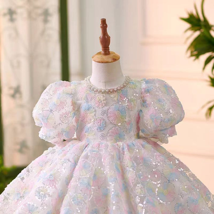 Cute O-Neck Sequined Pearl Flower Girl Dress With Bow J745