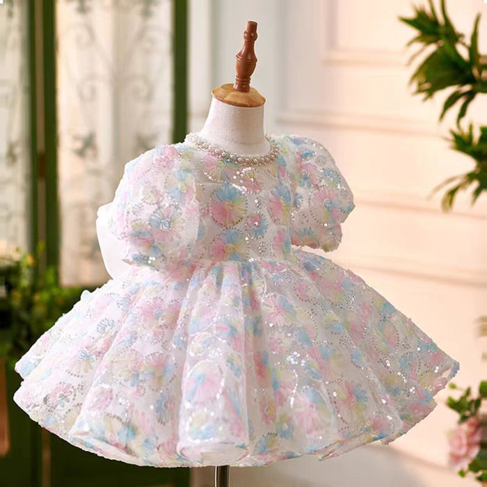Cute O-Neck Sequined Pearl Flower Girl Dress With Bow J745